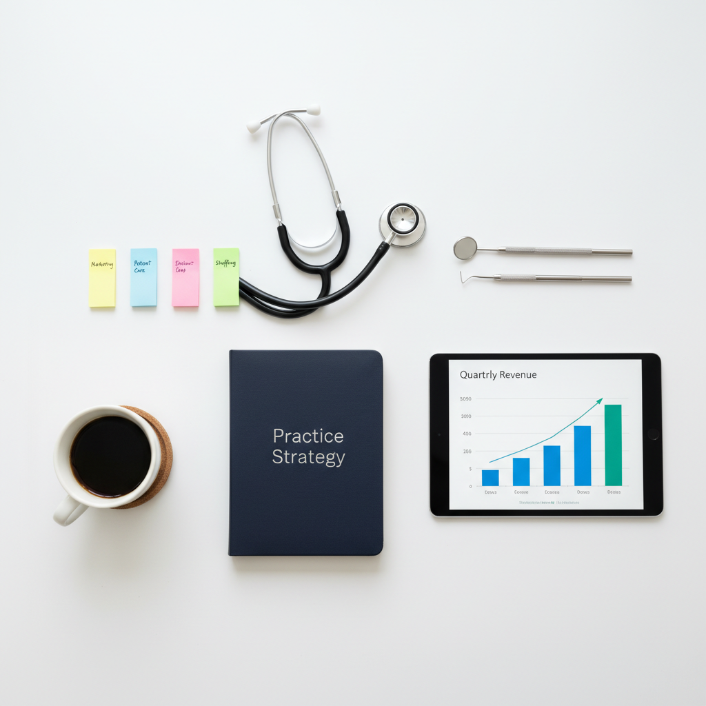 An overhead view of a clean white desk meticulously arranged with a stethoscope, a dental mirror set, a tablet showing a simple financial graph, and a navy-blue leather notebook embossed with “Practice Strategy” in fine silver lettering. Beside them, a cup of black coffee rests on a small coaster, and color-coded sticky notes are lined up with tiny handwritten labels. Natural diffused light from an unseen window softly illuminates the scene, creating minimal shadows and a crisp, professional mood. Photographic realism, minimalist aesthetic, with a flat-lay composition and sharp detail throughout, emphasizing clarity, organization, and the business side of medical and dental practices.