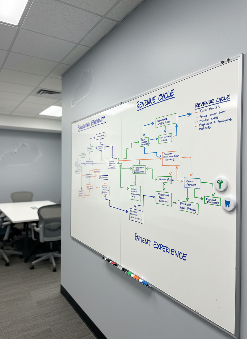 A large wall-mounted whiteboard filled with neatly drawn process flows, color-coded arrows, and headings like “Scheduling Efficiency,” “Revenue Cycle,” and “Patient Experience,” all written in precise handwriting. Small magnetic labels with icons of a tooth and a caduceus mark dental and medical workflows. The whiteboard dominates a modern consulting room with soft gray walls and a subtle Kentucky outline decal in the corner. Bright, even overhead lighting ensures high clarity without harsh shadows. Photographic realism with a slightly angled, wide composition that keeps the entire board readable and the room gently blurred, evoking a strategic, analytical, and solution-focused atmosphere ideal for practice management consulting.