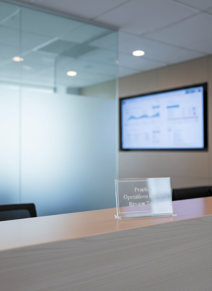 A sophisticated medical office reception counter made of light wood with a matte finish, displaying a small acrylic sign that reads “Practice Operations Review Today” in a refined sans-serif font. Behind the counter, wall-mounted frosted glass panels subtly reflect the environment, and a digital wall screen displays a blurred practice performance dashboard. The space is lit by soft, cool-toned overhead lighting combined with gentle daylight from an off-frame window, creating balanced illumination and delicate reflections. Photographic realism at eye-level, with the focus on the sign and counter while the background fades slightly into softness, conveying a calm, efficient, and well-managed practice environment suitable for consulting services.